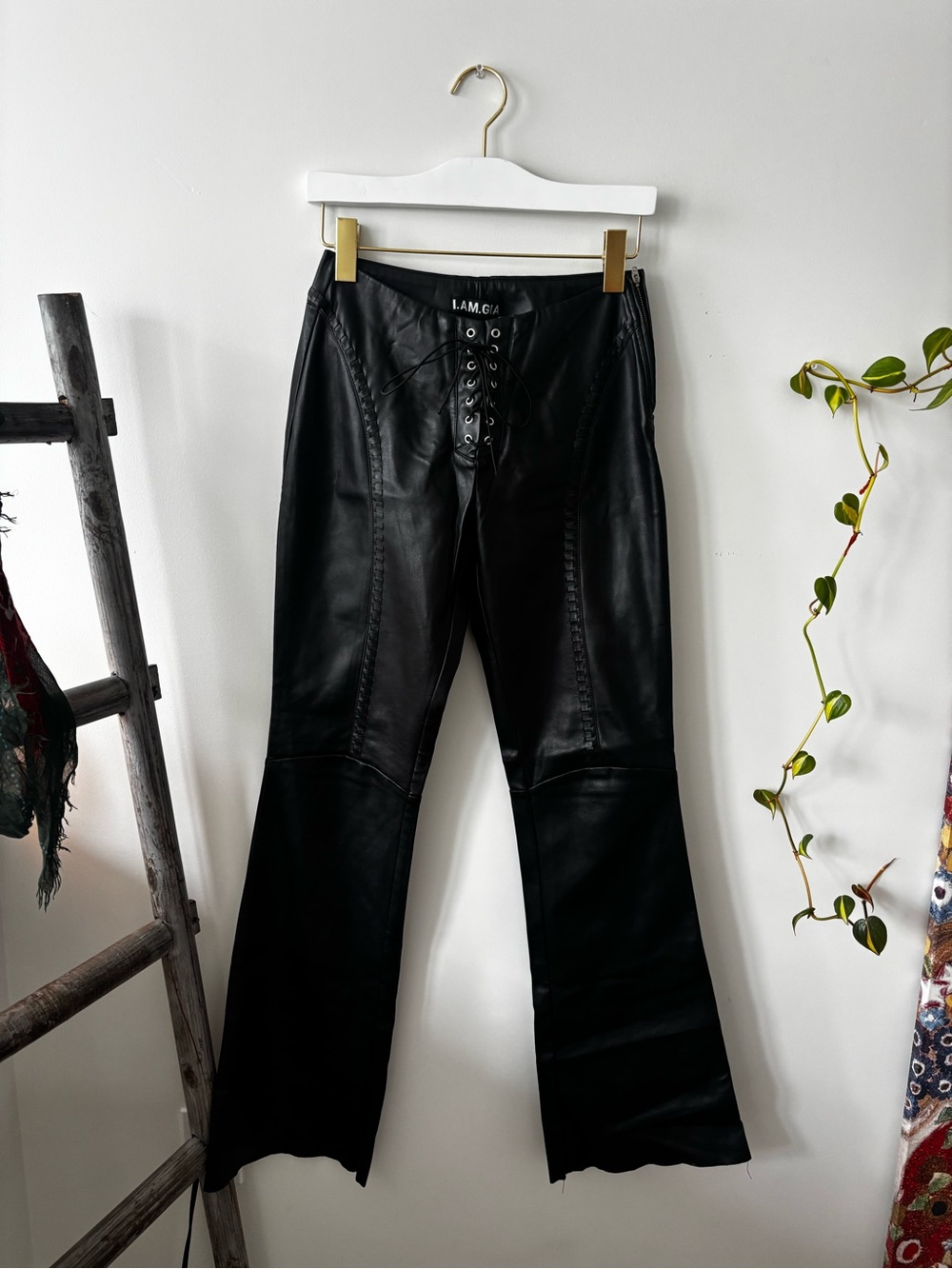 Iamgia Black Leather Lace-Up Flare Jeans for Women
